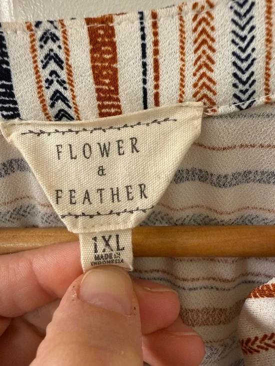 Flower & Feather Striped Short-Sleeve V-Neck Top in White, Rust & Navy - Picture 2 of 3